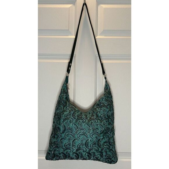 Green Beaded Embroidered Paisley Evening Bag Interchangeable Straps - Picture 1 of 8